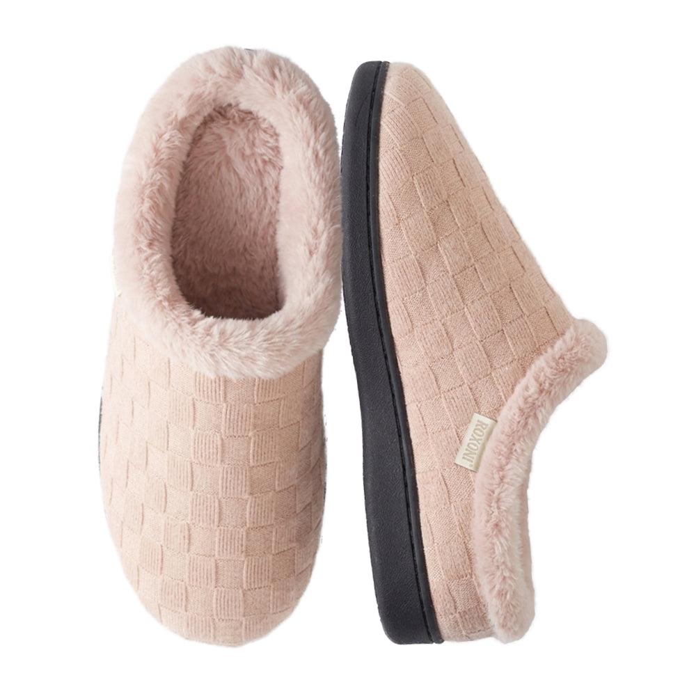 Roxoni Women’s Woven Knit Fleece Clog Slippers, Cozy Plush Faux Fur Lined Memory Foam House Shoes