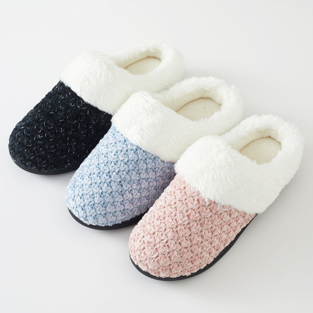 Women's Knit Memory Foam Clog Slippers – Plush Faux Fur Collar Indoor/Outdoor House Shoes