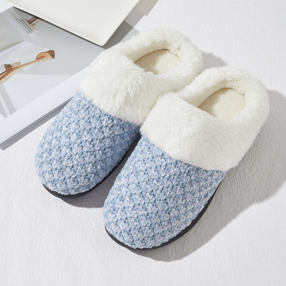 Women's Knit Memory Foam Clog Slippers – Plush Faux Fur Collar Indoor/Outdoor House Shoes