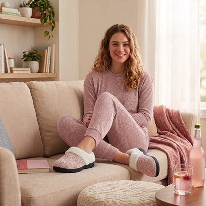 Women's Knit Memory Foam Clog Slippers – Plush Faux Fur Collar Indoor/Outdoor House Shoes