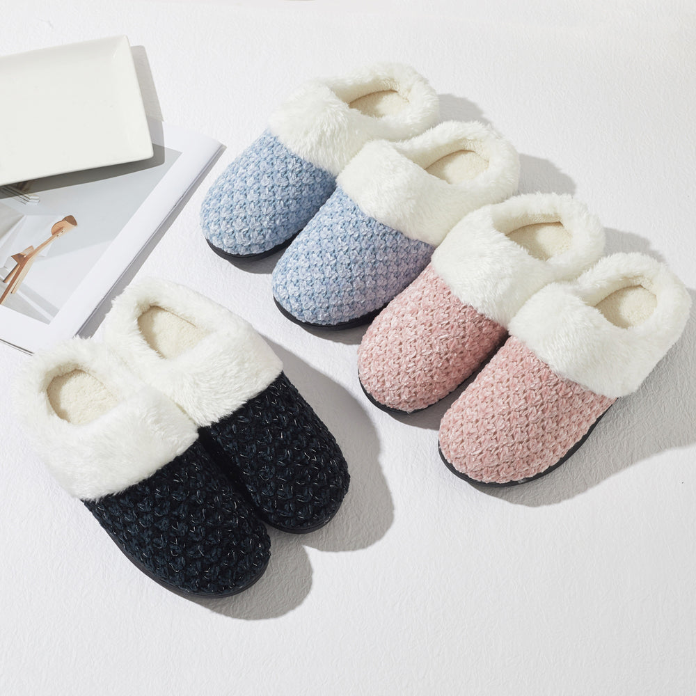 Women's Knit Memory Foam Clog Slippers – Plush Faux Fur Collar Indoor/Outdoor House Shoes