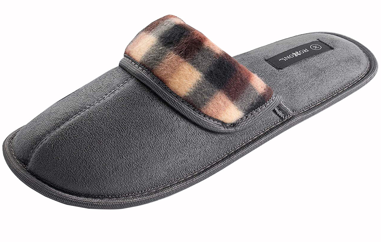 Roxoni Men's Soft Slipper With Plaid Trim Outdoor/Indoor