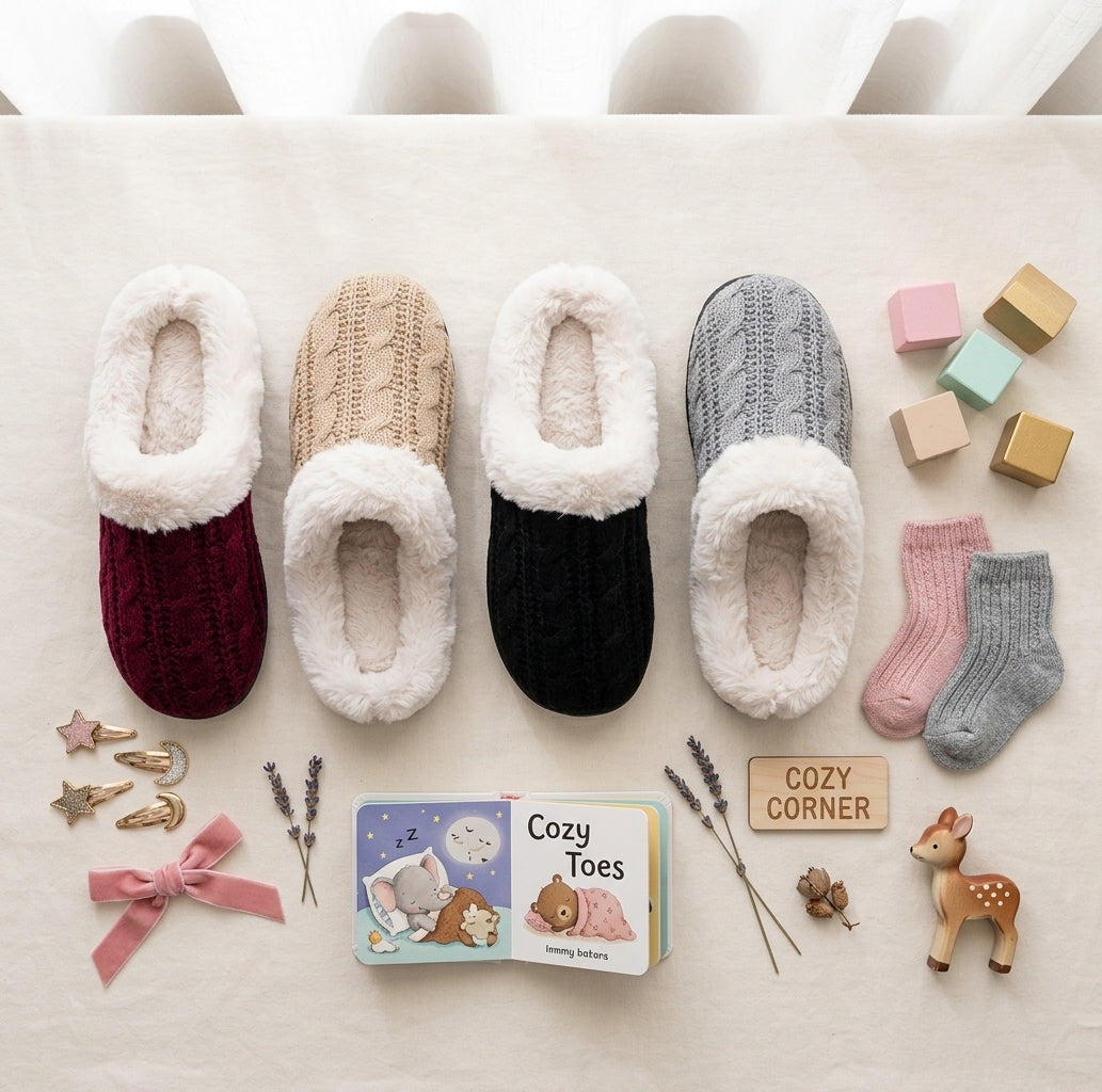 Four cozy knit slipper pairs arranged on a light fabric surface, with matching socks, wooden blocks, a small book, and decorative accessories around them. The slippers come in burgundy with white fleece trim, beige cable-knit with white fleece trim, black with white fleece trim, and gray cable-knit with white fleece trim.