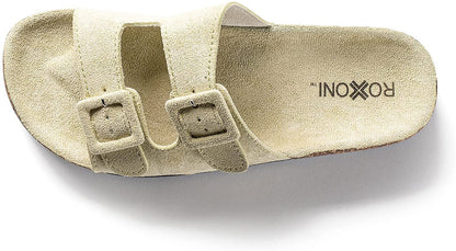 Roxoni Women Comfort Sandals Double Buckle Adjustable EVA Flat Slides Footbed Suede with Arch Support Non-Slip