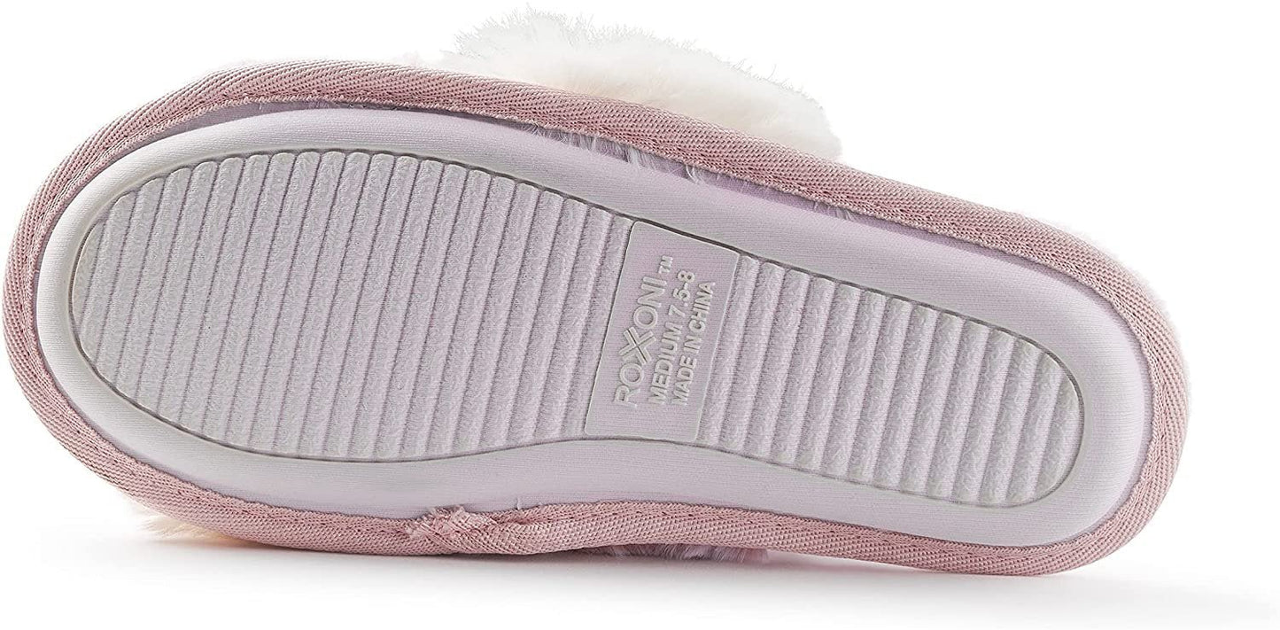 Roxoni Women's Cross Band Real Fur Slipper 2 Tone Color Cozy Warm Comfy Slip On Breathable Open Toe Anti-Skid Rubber Sole