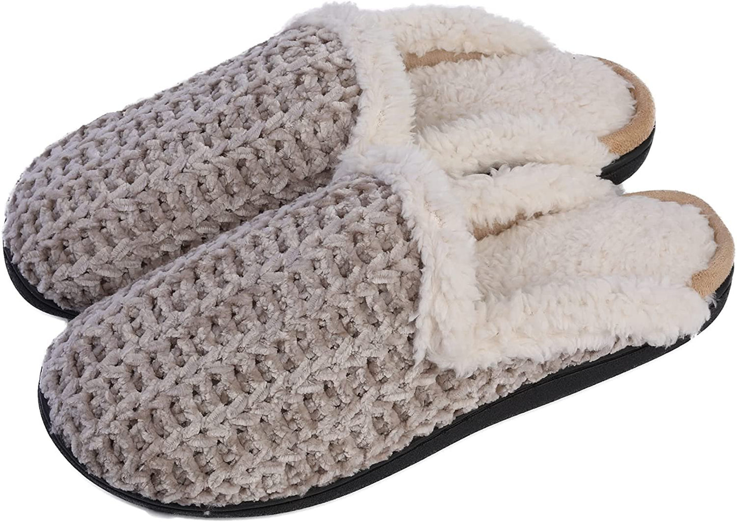 Roxoni Memory Foam Slippers for Women - Fuzzy Cozy Indoor/Outdoor Slides - Fluffy Slip On Shoes Womens House Slippers with Plush Heels and Anti-Skid Rubber Sole