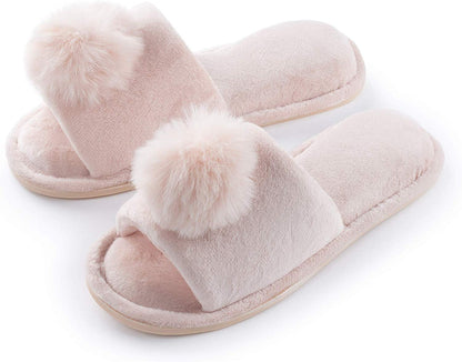 Pupeez Girl's Slipper Lovely Velvet Pom-pom Open Toe Kids House Slides
