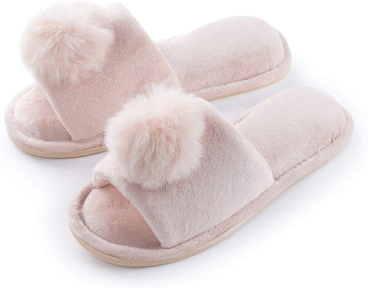 Pupeez Girl's Slipper Lovely Velvet Pom-pom Open Toe Kids House Slides
