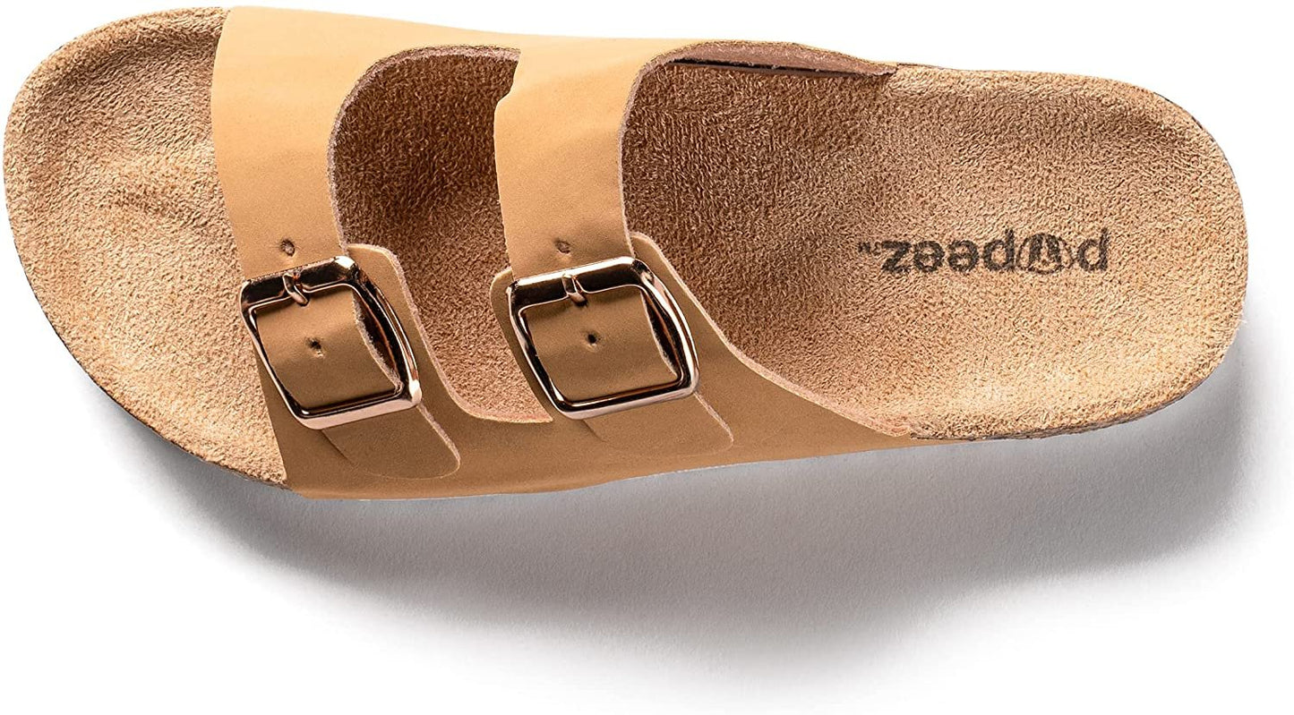 ROXONI Girls Comfort Sandals Double Buckle Adjustable Slip on Summer Slides Soft Footbed EVA Flat Slides Footbed Suede with Arch Support Non-Slip