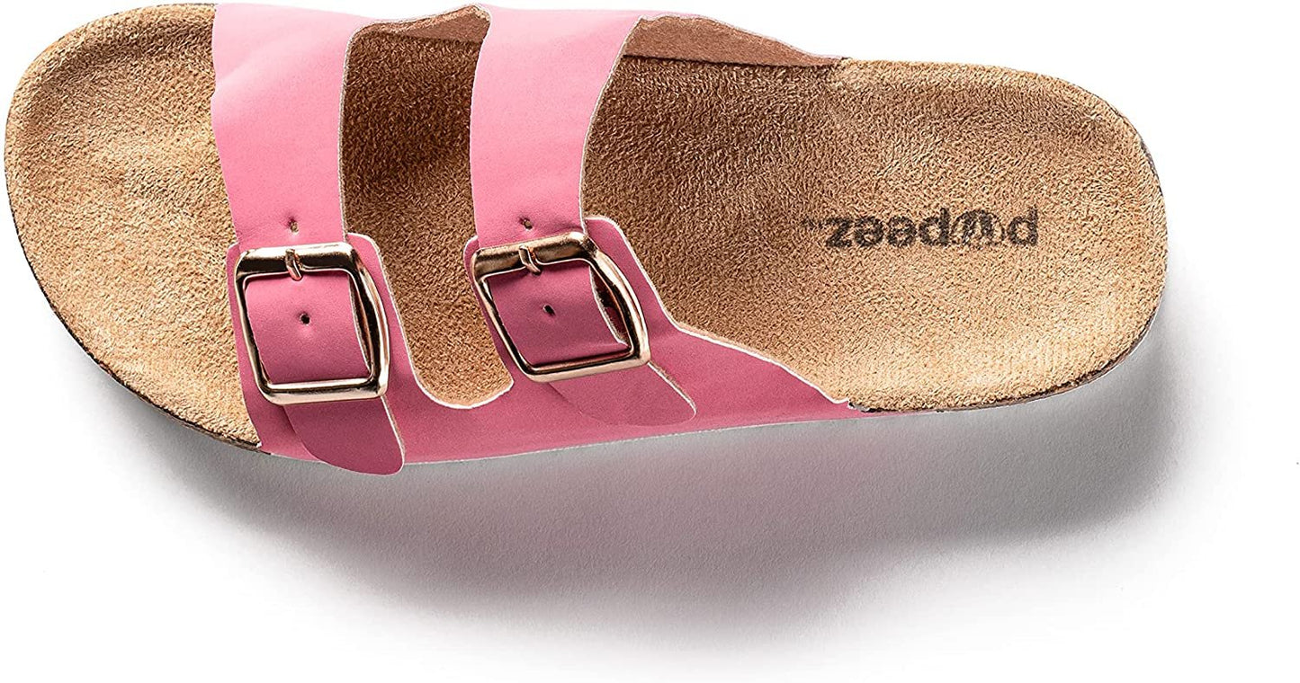 ROXONI Girls Comfort Sandals Double Buckle Adjustable Slip on Summer Slides Soft Footbed EVA Flat Slides Footbed Suede with Arch Support Non-Slip