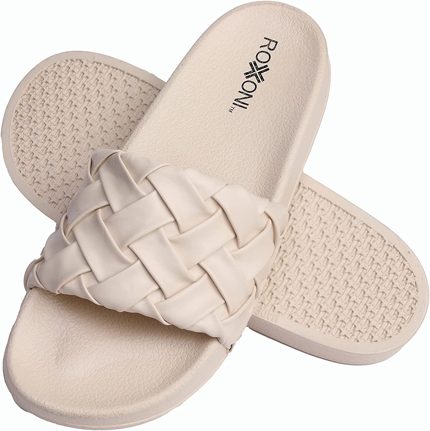 Roxoni Faux Leather Slides – Trendy Slides for Women – Superior Comfort & Unmatched Luxury – Stylish Braided Strap Pattern – Durable Faux Leather – Classic Colors Beige
