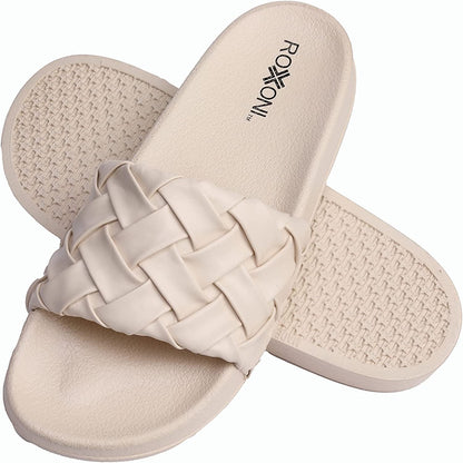 Roxoni Faux Leather Slides – Trendy Slides for Women – Superior Comfort & Unmatched Luxury – Stylish Braided Strap Pattern – Durable Faux Leather – Classic Colors Beige