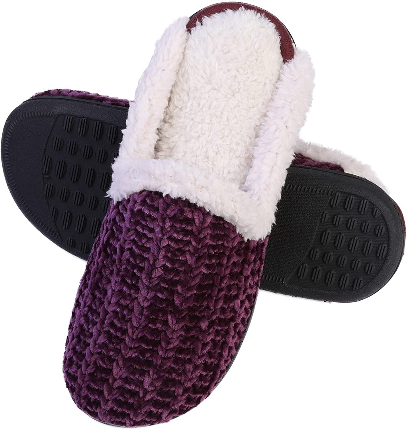 Roxoni Memory Foam Slippers for Women - Fuzzy Cozy Indoor/Outdoor Slides - Fluffy Slip On Shoes Womens House Slippers with Plush Heels and Anti-Skid Rubber Sole