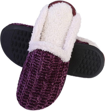 Roxoni Memory Foam Slippers for Women - Fuzzy Cozy Indoor/Outdoor Slides - Fluffy Slip On Shoes Womens House Slippers with Plush Heels and Anti-Skid Rubber Sole