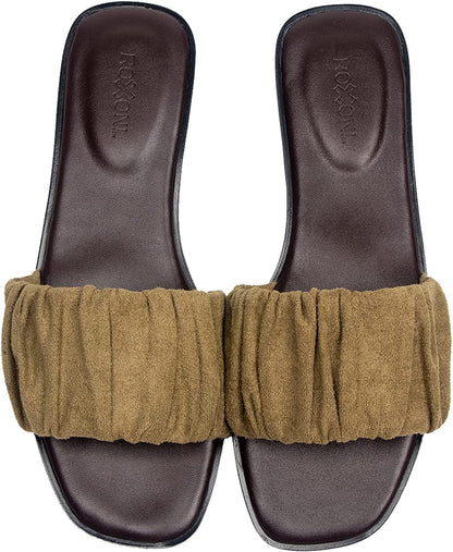 Women’s Ruched Fabric Slide Sandals Open Toe Flat Sandals with Heel Cushion