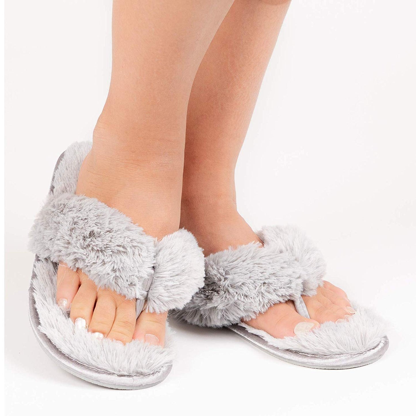 Roxoni Fuzzy House Slippers for Women – Comfortable Furry Spa Thongs – Cozy Slip On Flip Flops - Soft Insole & Rubber Outsole