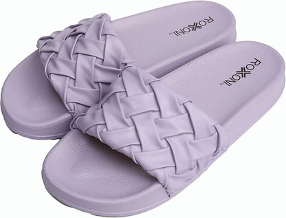 Roxoni Faux Leather Slides – Trendy Slides for Women – Superior Comfort & Unmatched Luxury – Stylish Braided Strap Pattern – Durable Faux Leather – Classic Colors Beige