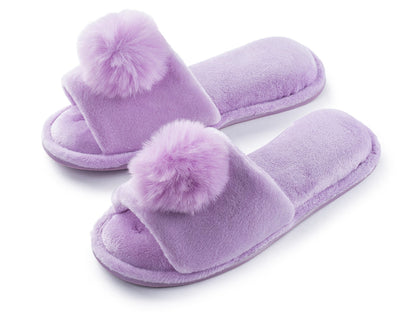 Pupeez Girl's Lovely Velvet Pom-pom Open Toe Kids House Slides Slipper
