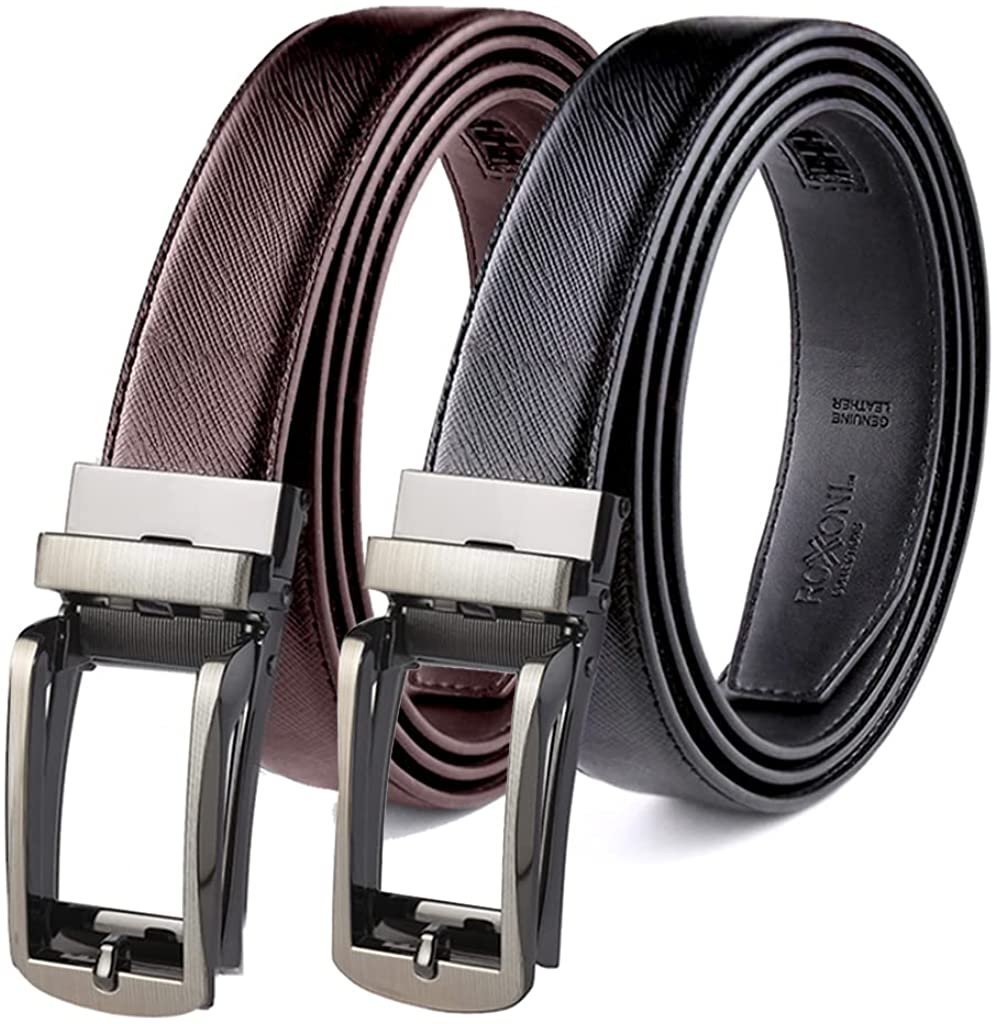 ROXONI Men's Ultra Soft Genuine Leather Ratchet Dress Belt with Automatic Buckle, Enclosed in an Elegant Gift Box - 2 Pack