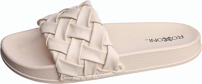 Roxoni Faux Leather Slides – Trendy Slides for Women – Superior Comfort & Unmatched Luxury – Stylish Braided Strap Pattern – Durable Faux Leather – Classic Colors Beige