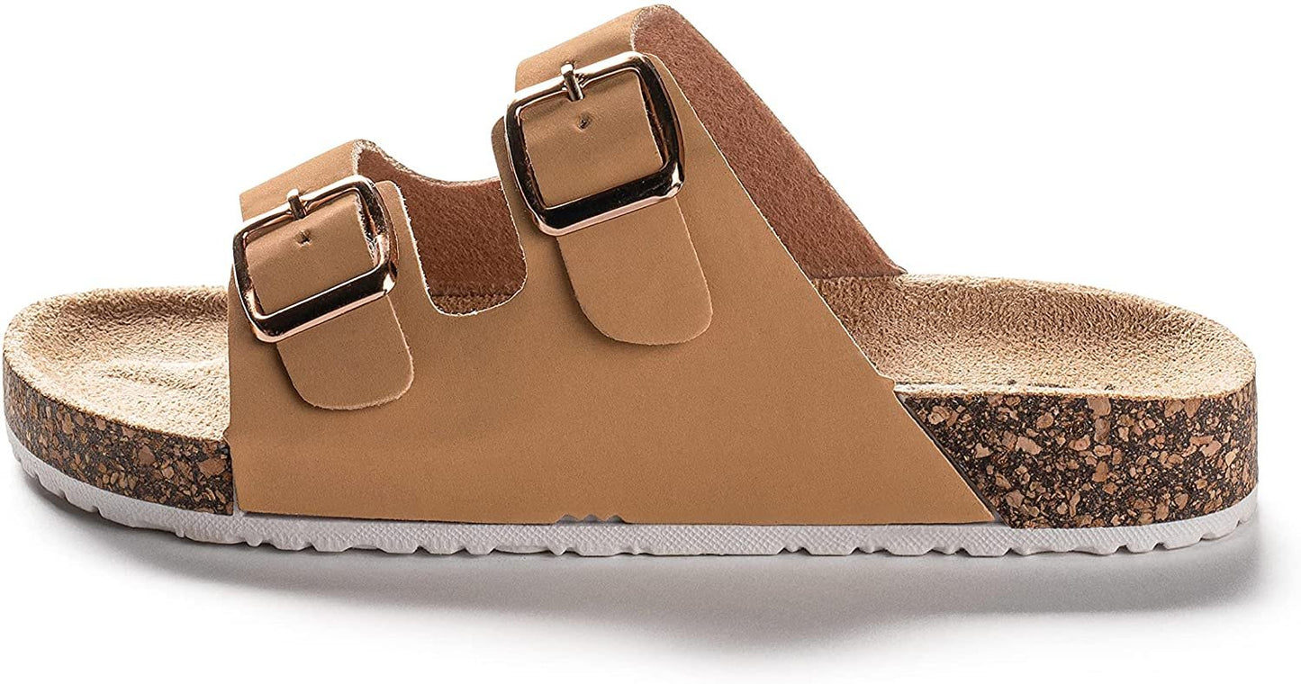 ROXONI Girls Comfort Sandals Double Buckle Adjustable Slip on Summer Slides Soft Footbed EVA Flat Slides Footbed Suede with Arch Support Non-Slip
