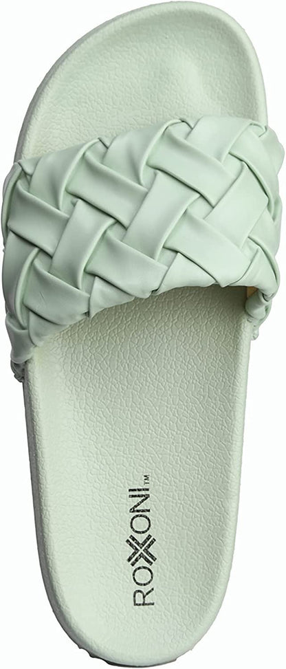 Roxoni Faux Leather Slides – Trendy Slides for Women – Superior Comfort & Unmatched Luxury – Stylish Braided Strap Pattern – Durable Faux Leather – Classic Colors Beige