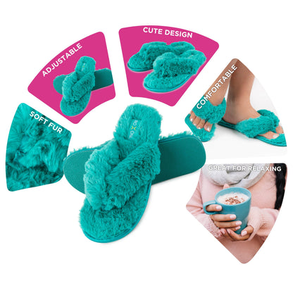 Roxoni Fuzzy House Slippers for Women – Comfortable Furry Spa Thongs – Cozy Slip On Flip Flops - Soft Insole & Rubber Outsole