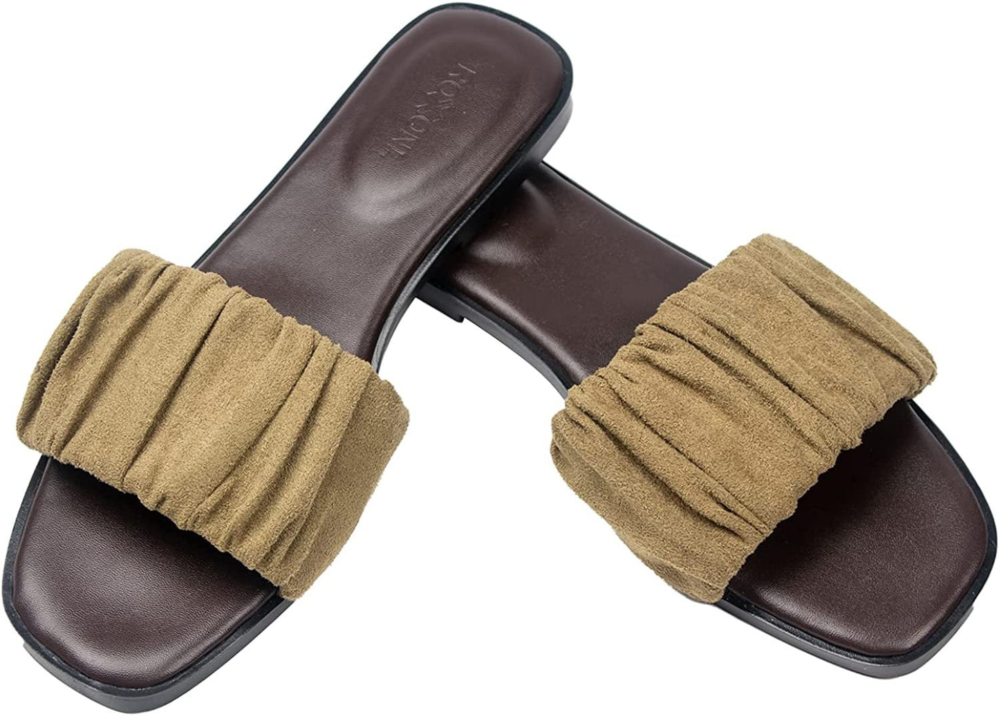 Women’s Ruched Fabric Slide Sandals Open Toe Flat Sandals with Heel Cushion