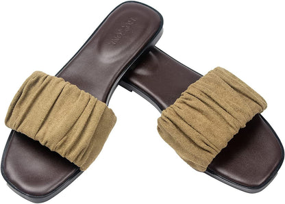 Women’s Ruched Fabric Slide Sandals Open Toe Flat Sandals with Heel Cushion