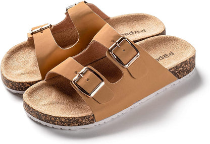 ROXONI Girls Comfort Sandals Double Buckle Adjustable Slip on Summer Slides Soft Footbed EVA Flat Slides Footbed Suede with Arch Support Non-Slip