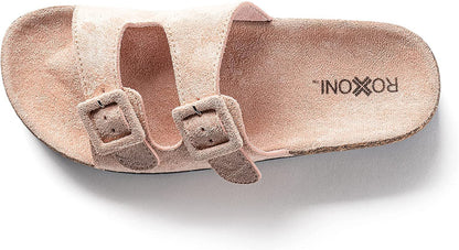 Roxoni Women Comfort Sandals Double Buckle Adjustable EVA Flat Slides Footbed Suede with Arch Support Non-Slip