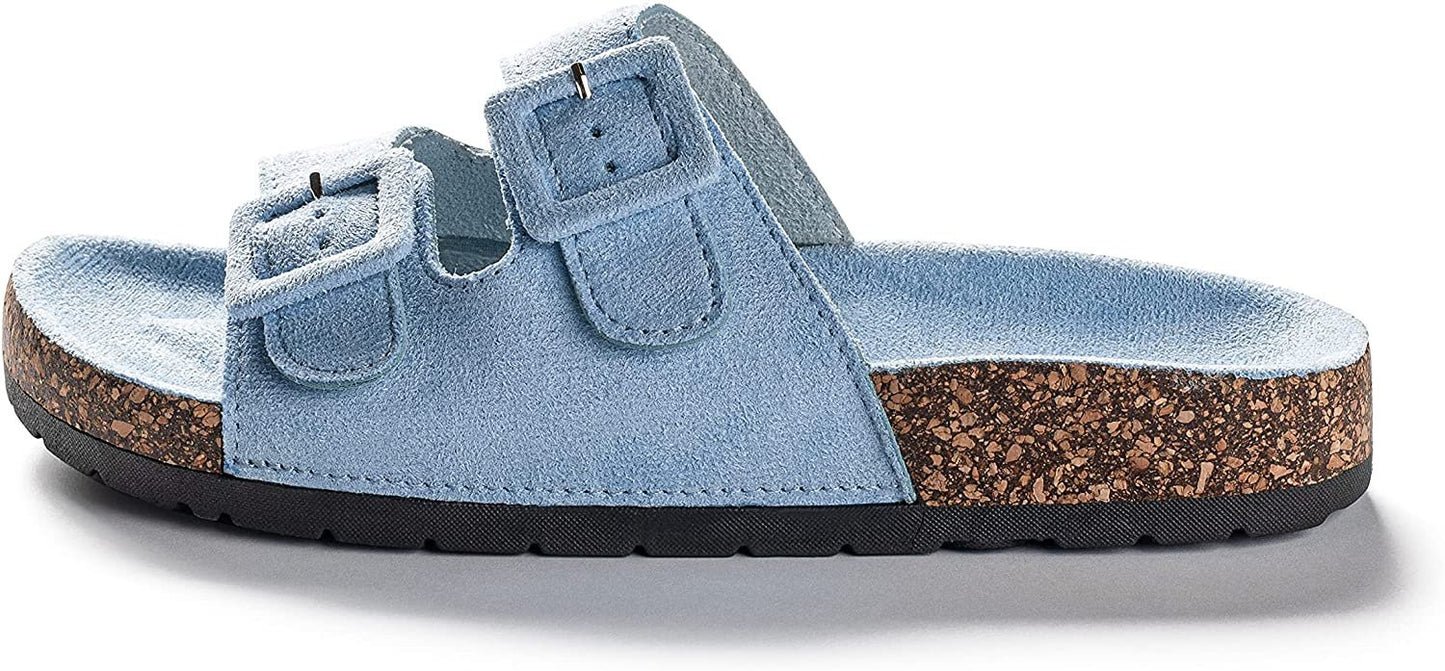 Roxoni Women Comfort Sandals Double Buckle Adjustable EVA Flat Slides Footbed Suede with Arch Support Non-Slip