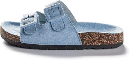 Roxoni Women Comfort Sandals Double Buckle Adjustable EVA Flat Slides Footbed Suede with Arch Support Non-Slip