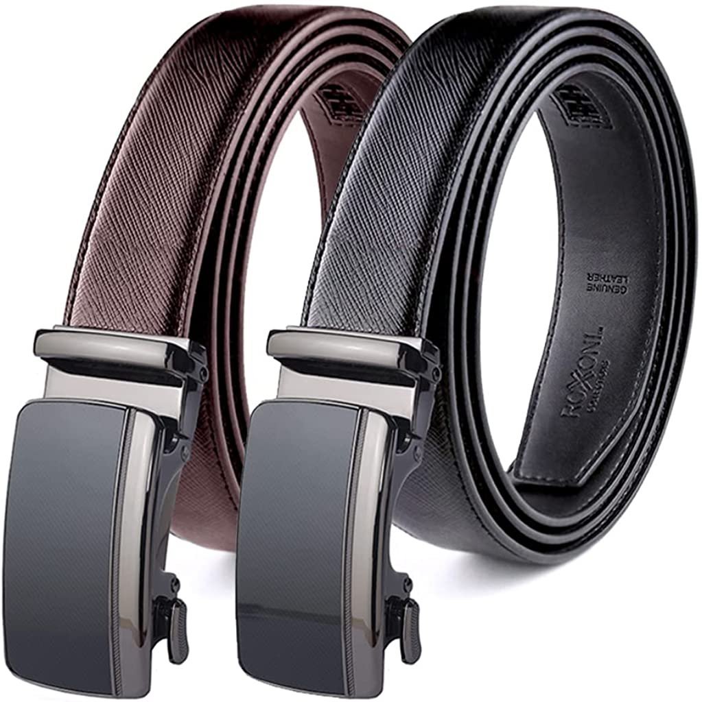 ROXONI Men's 2 Pack Ultra Soft Geniune Leather Ratchet Dress Belt with Automatic Buckle, Enclosed in an Elegant Gift Box