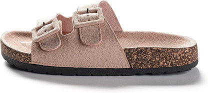 Roxoni Women Comfort Sandals Double Buckle Adjustable EVA Flat Slides Footbed Suede with Arch Support Non-Slip