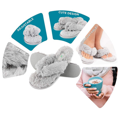 Roxoni Fuzzy House Slippers for Women – Comfortable Furry Spa Thongs – Cozy Slip On Flip Flops - Soft Insole & Rubber Outsole