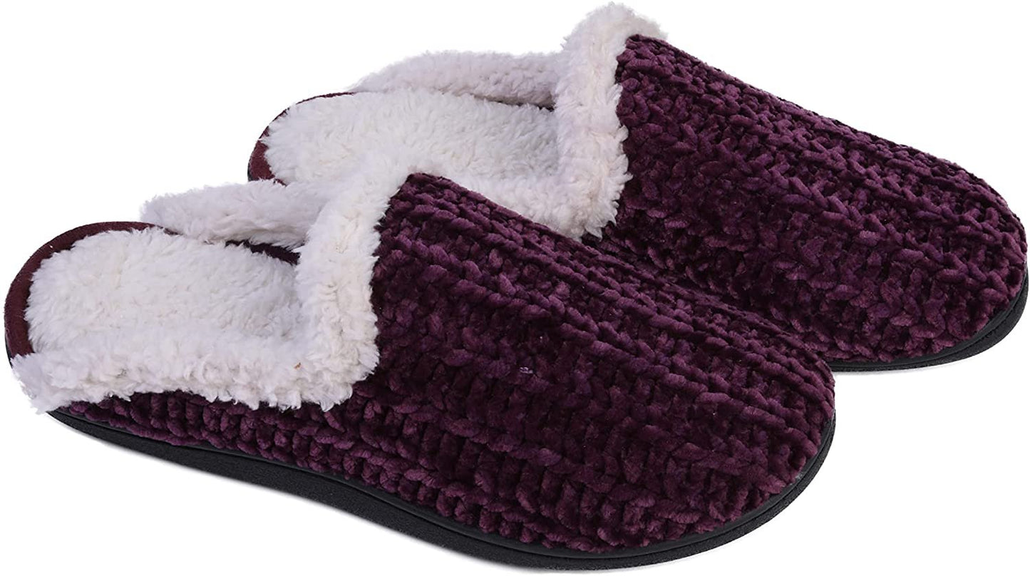 Roxoni Memory Foam Slippers for Women - Fuzzy Cozy Indoor/Outdoor Slides - Fluffy Slip On Shoes Womens House Slippers with Plush Heels and Anti-Skid Rubber Sole