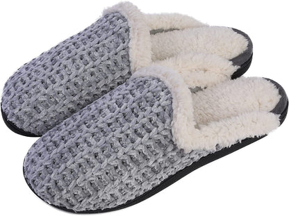 Roxoni Memory Foam Slippers for Women - Fuzzy Cozy Indoor/Outdoor Slides - Fluffy Slip On Shoes Womens House Slippers with Plush Heels and Anti-Skid Rubber Sole