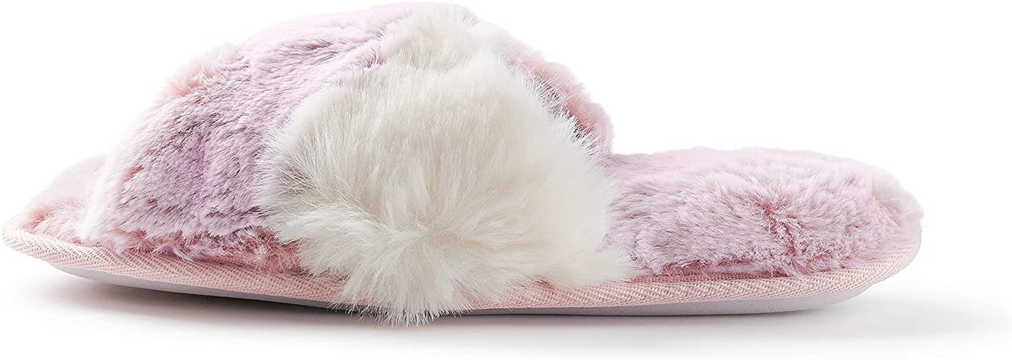Roxoni Women's Cross Band Real Fur Slipper 2 Tone Color Cozy Warm Comfy Slip On Breathable Open Toe Anti-Skid Rubber Sole