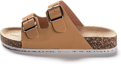 ROXONI Girls Comfort Sandals Double Buckle Adjustable Slip on Summer Slides Soft Footbed EVA Flat Slides Footbed Suede with Arch Support Non-Slip