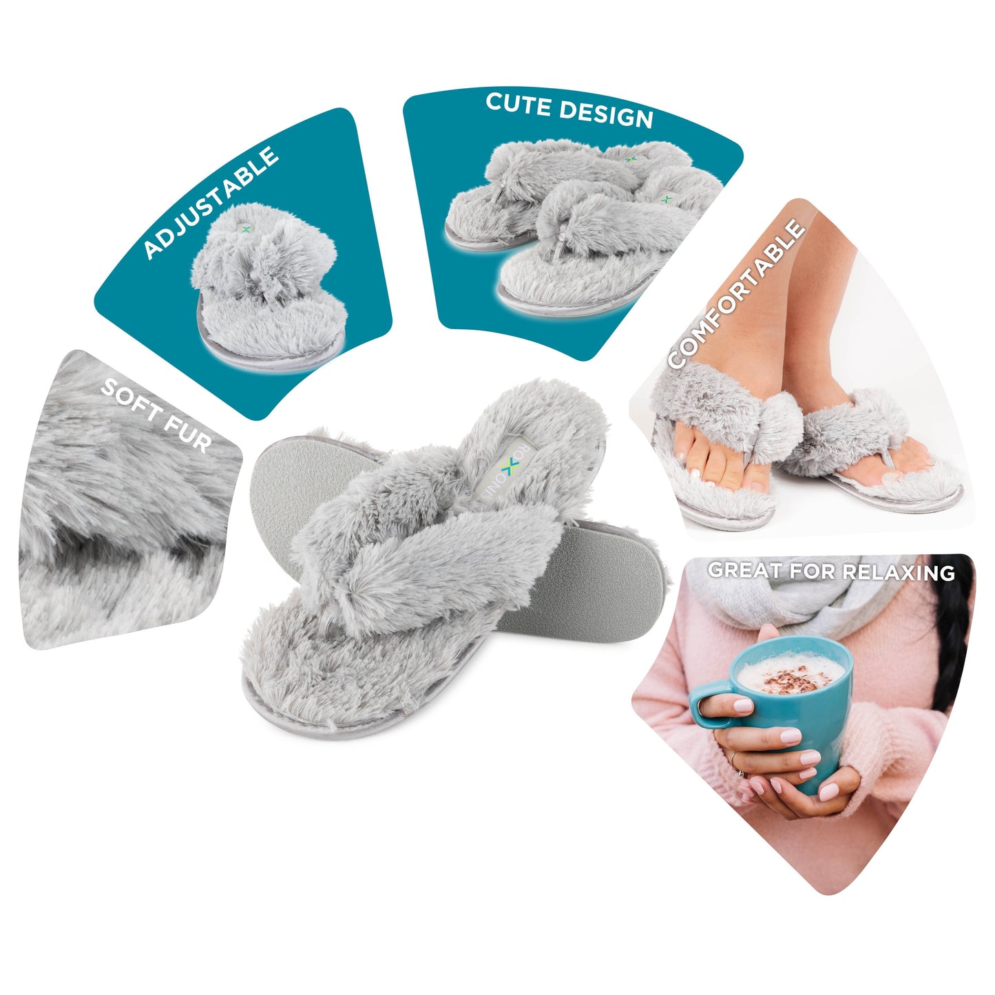 Roxoni Fuzzy House Slippers for Women – Comfortable Furry Spa Thongs – Cozy Slip On Flip Flops - Soft Insole & Rubber Outsole