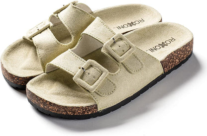 Roxoni Women Comfort Sandals Double Buckle Adjustable EVA Flat Slides Footbed Suede with Arch Support Non-Slip
