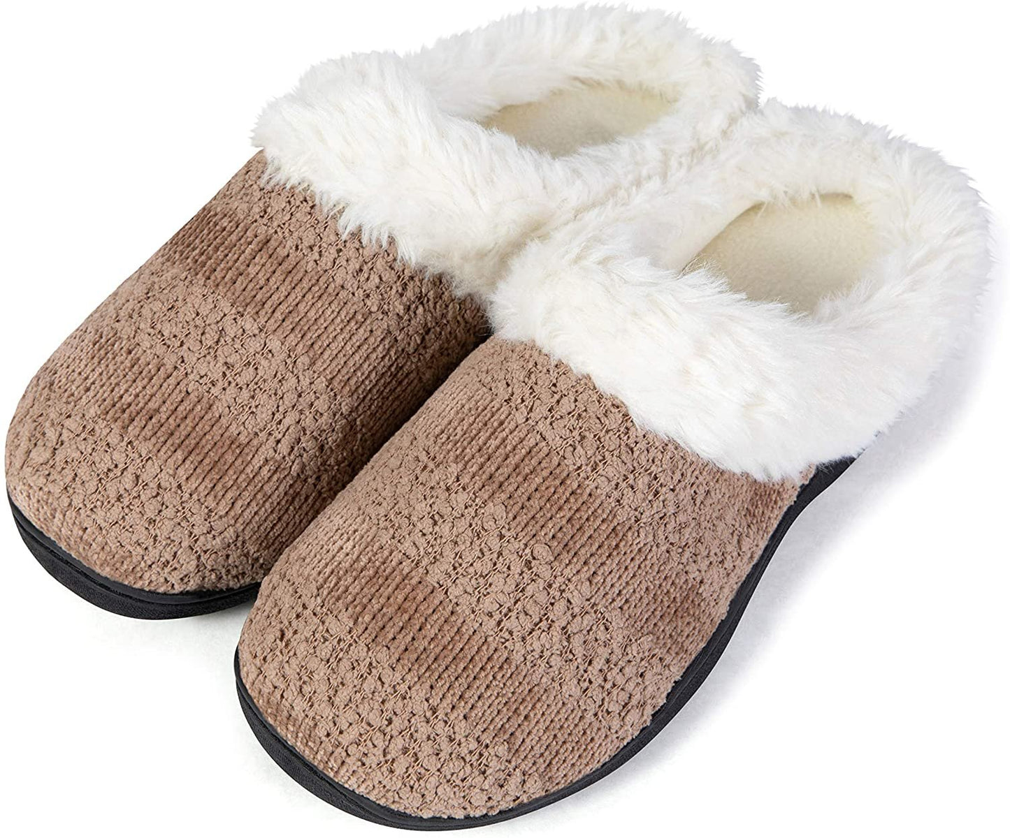 Roxoni Women’s Cozy Memory Foam Slippers, Fuzzy Warm Faux Fur, Indoor Outdoor Rubber Sole Beige