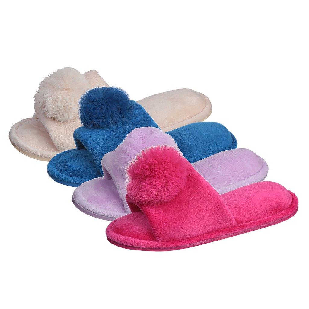 Pupeez Girl's Lovely Velvet Pom-pom Open Toe Kids House Slides Slipper