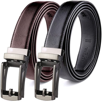 ROXONI Men's Ultra Soft Genuine Leather Ratchet Dress Belt with Automatic Buckle, Enclosed in an Elegant Gift Box - 2 Pack