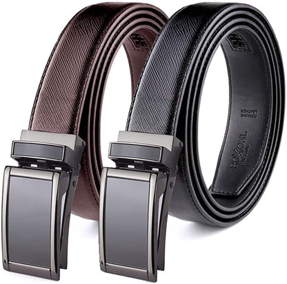ROXONI Men's 2 Pack Ultra Soft Geniune Leather Ratchet Dress Belt with Automatic Buckle, Enclosed in an Elegant Gift Box