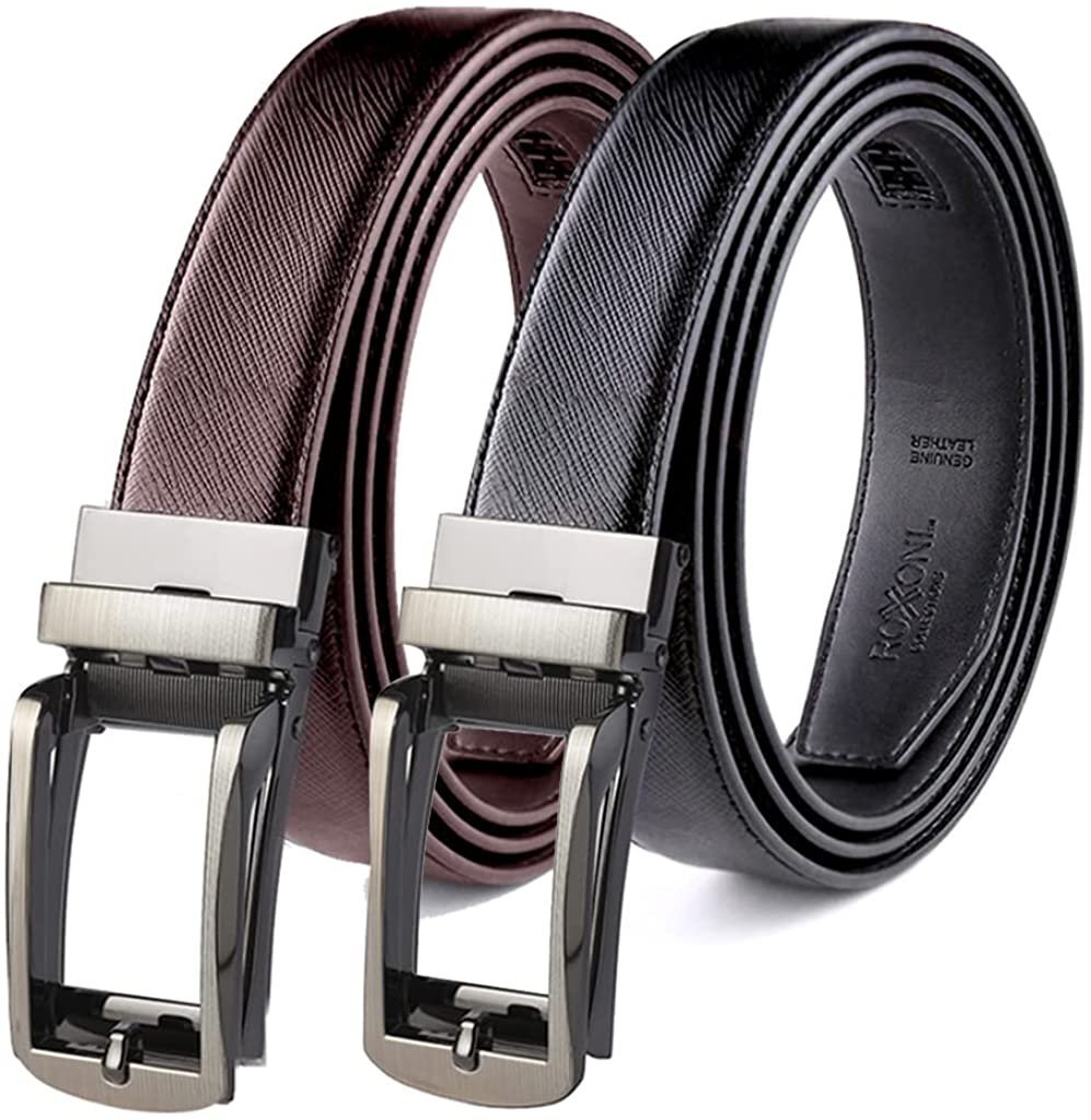 ROXONI Men's Ultra Soft Genuine Leather Ratchet Dress Belt with Automatic Buckle, Enclosed in an Elegant Gift Box - 2 Pack