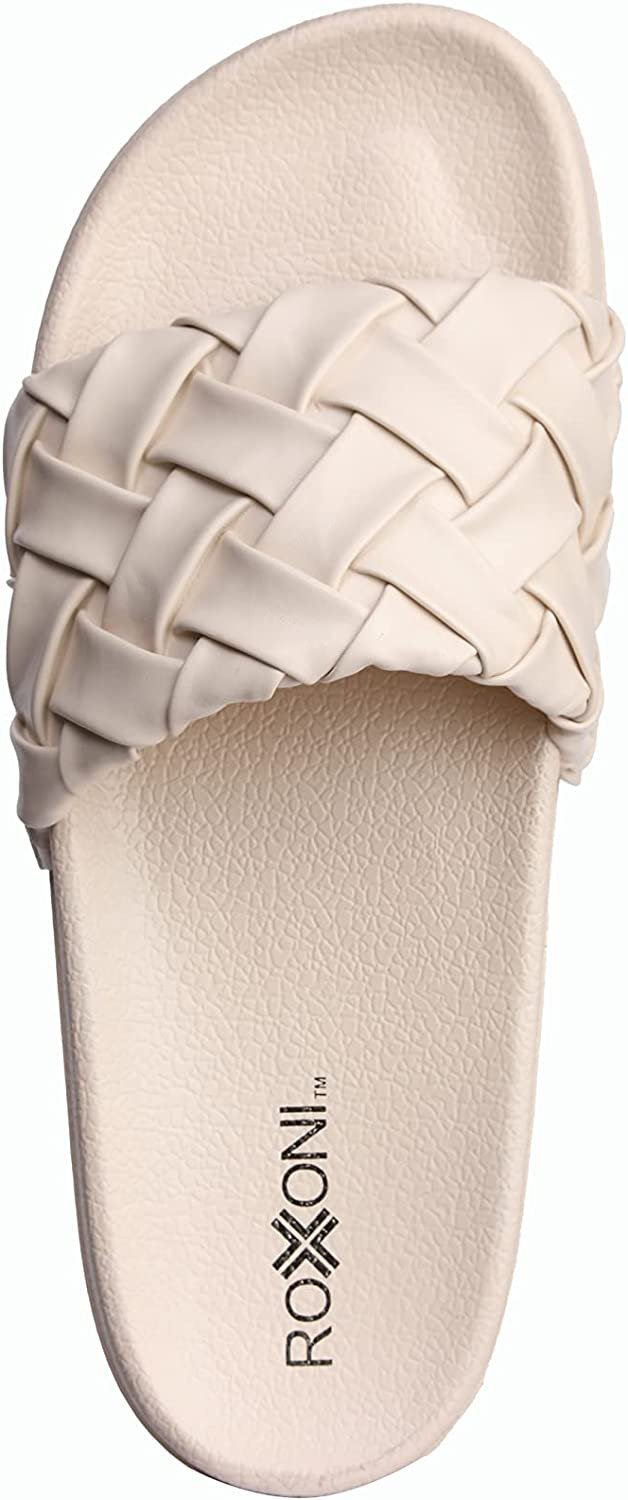 Roxoni Faux Leather Slides – Trendy Slides for Women – Superior Comfort & Unmatched Luxury – Stylish Braided Strap Pattern – Durable Faux Leather – Classic Colors Beige