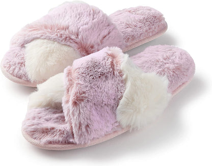 Roxoni Women's Cross Band Real Fur Slipper 2 Tone Color Cozy Warm Comfy Slip On Breathable Open Toe Anti-Skid Rubber Sole
