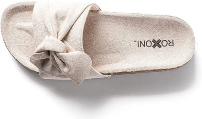 Roxoni Women Comfort Sandals Ribbon Bow Top EVA Flat Slides Footbed Suede with Arch Support Non-Slip